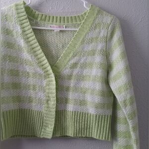 Green and White Women's Cropped Cardigan Sweater